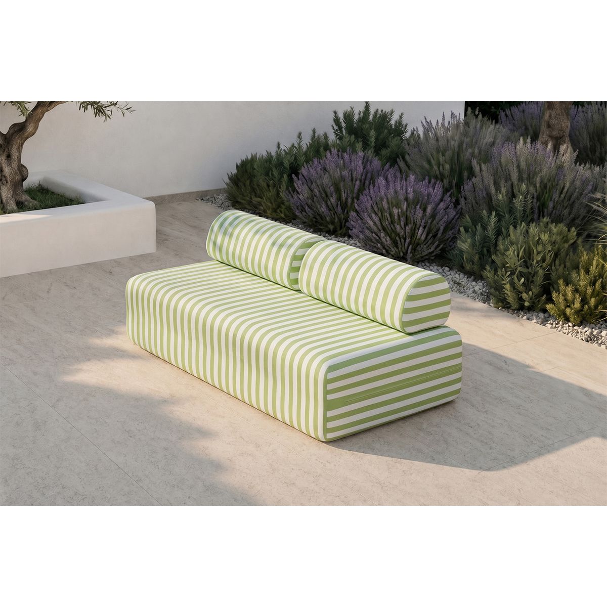 Canapé 3 Places Modulable - Tissu Extérieur À Rayures - Blanc Et Vert Anis