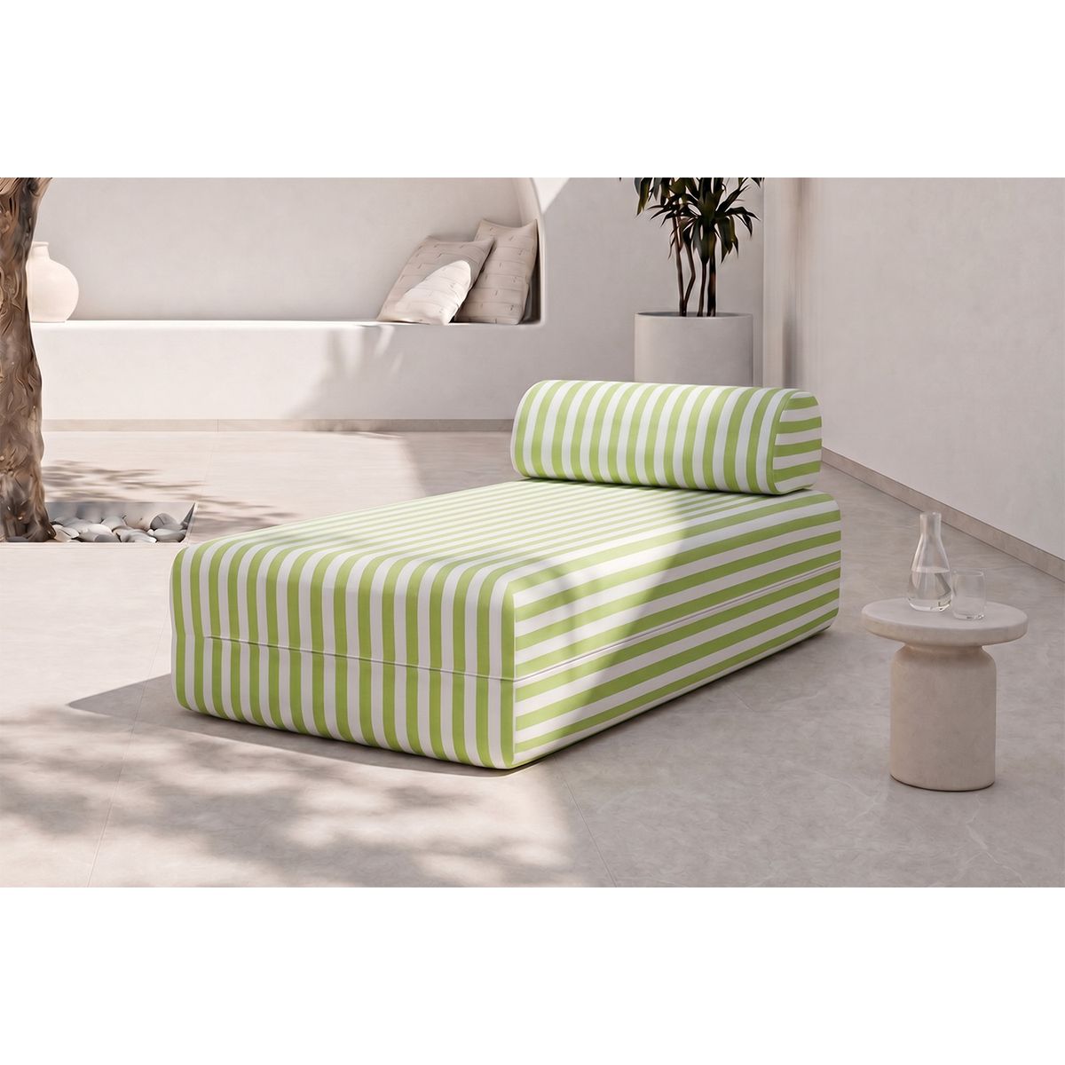 Méridienne Modulable - Tissu Extérieur À Rayures - Blanc Et Vert Anis