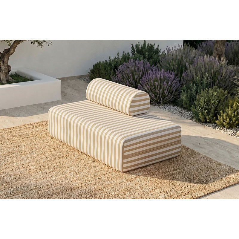 Canapé 2 Places Modulable - Tissu Extérieur À Rayures, Blanc Et Beige