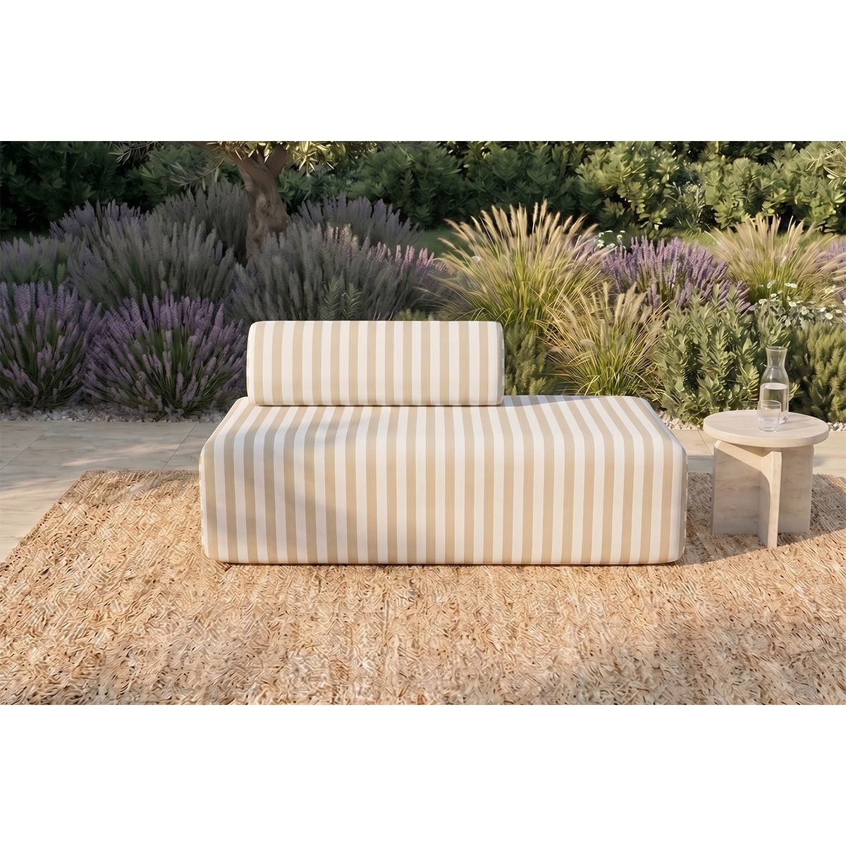 Canapé 2 Places Modulable - Tissu Extérieur À Rayures - Blanc Et Beige