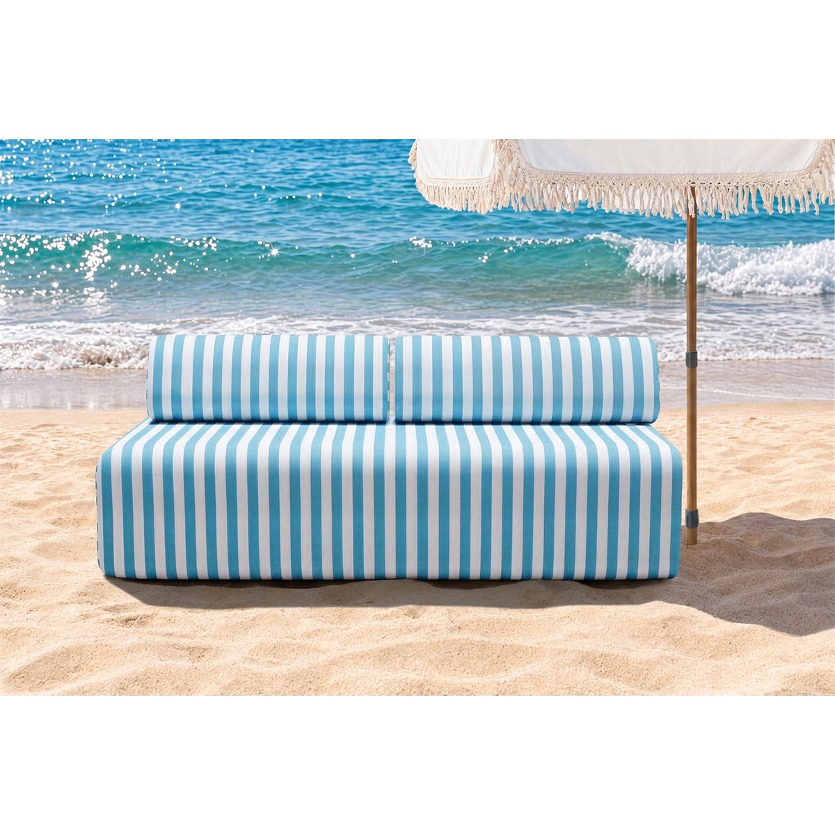 Sofá 3 Plazas Modular - Tejido Exterior A Rayas - Blanco Y Azul