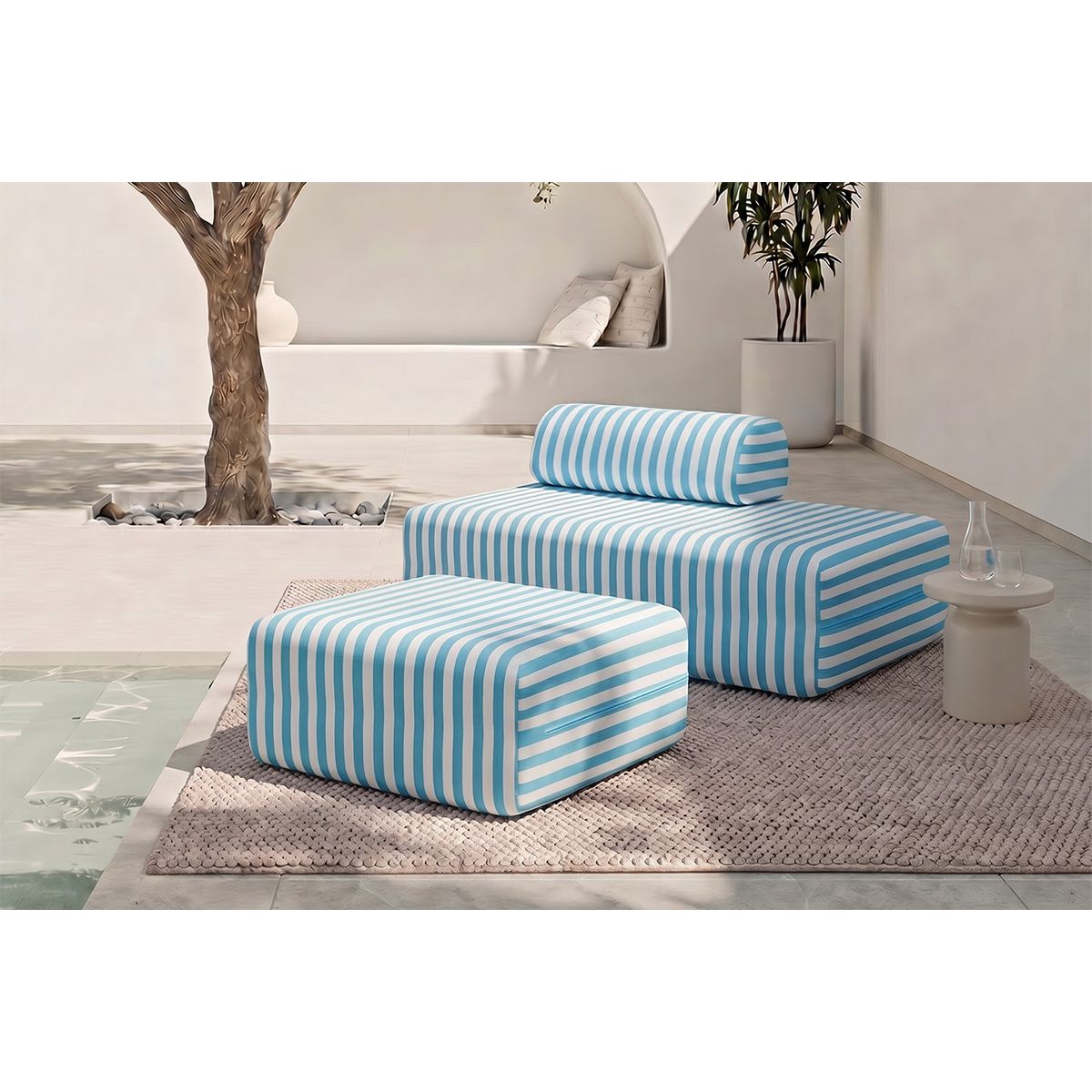 Pouf Modulable - Tissu Extérieur À Rayures - Blanc Et Bleu