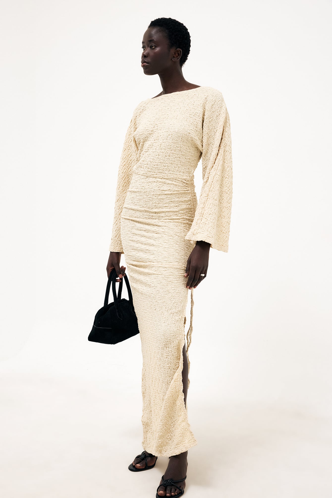 Vestido Largo Estructurado Con Cordones De Ajuste Beige