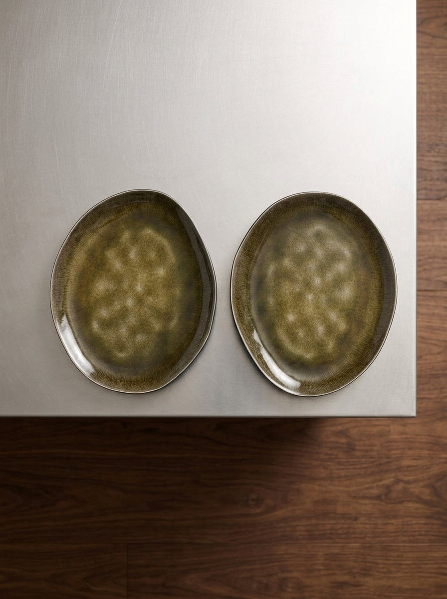 Pure - Lot De 2 Assiettes Ovales - M - Grès - Vert