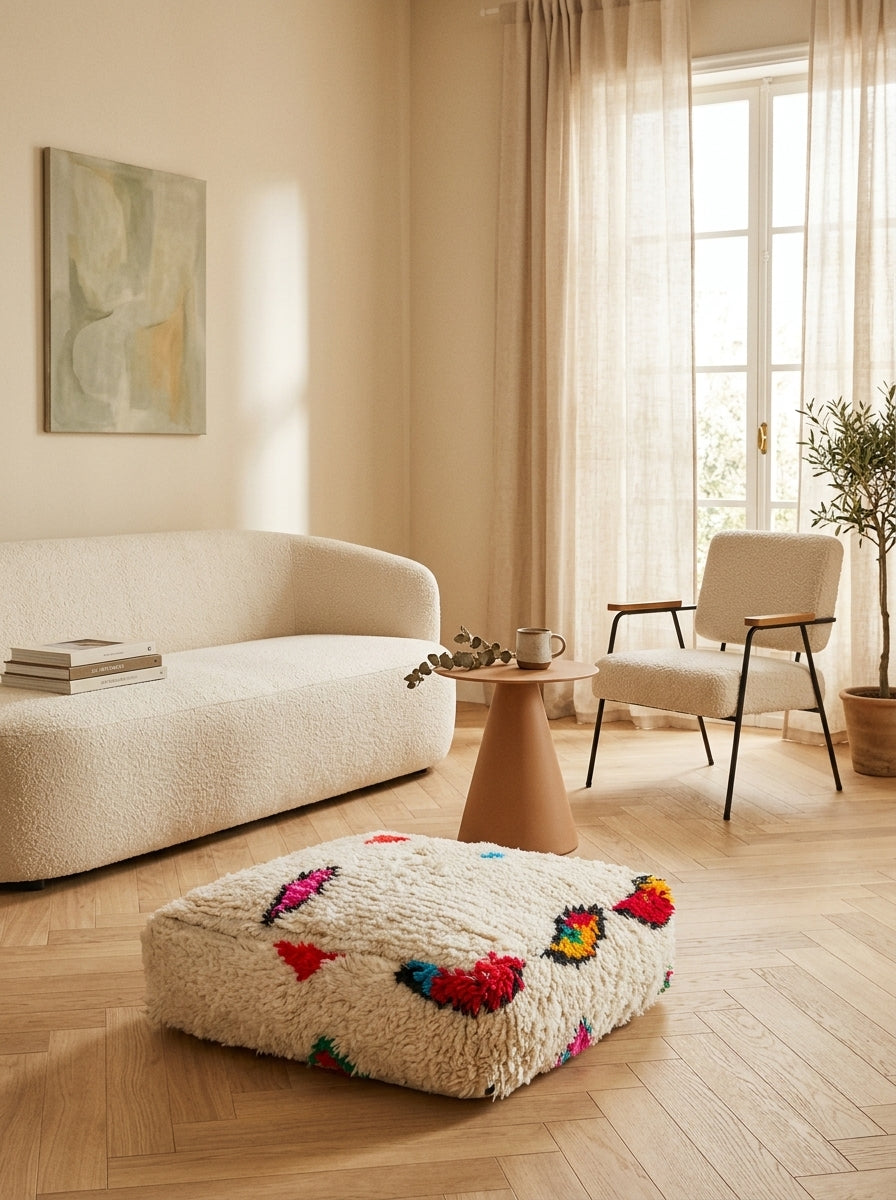 Pouf berbero marocchino Azilal écru con motivi colorati