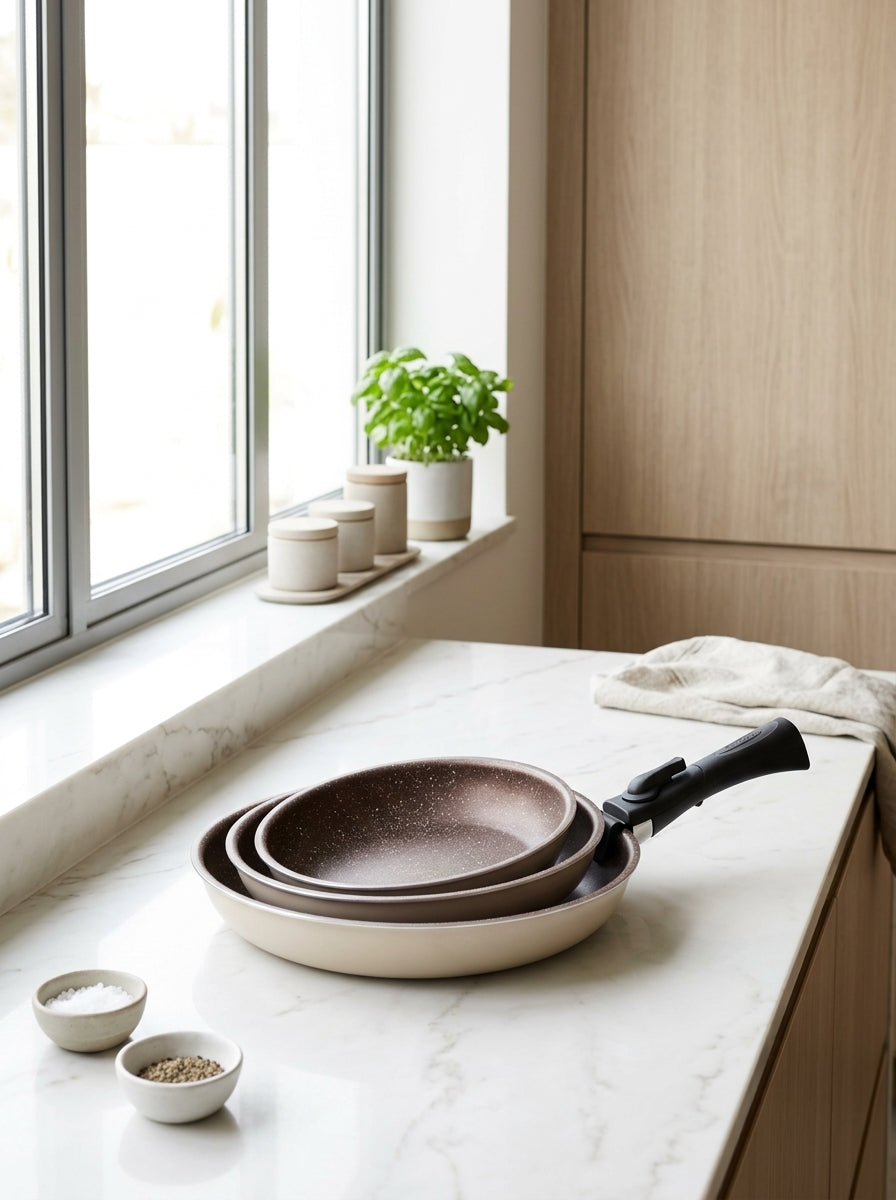 Set of 3 Frying Pans 20/24/28cm - Aluminum - Non-Stick - Cream