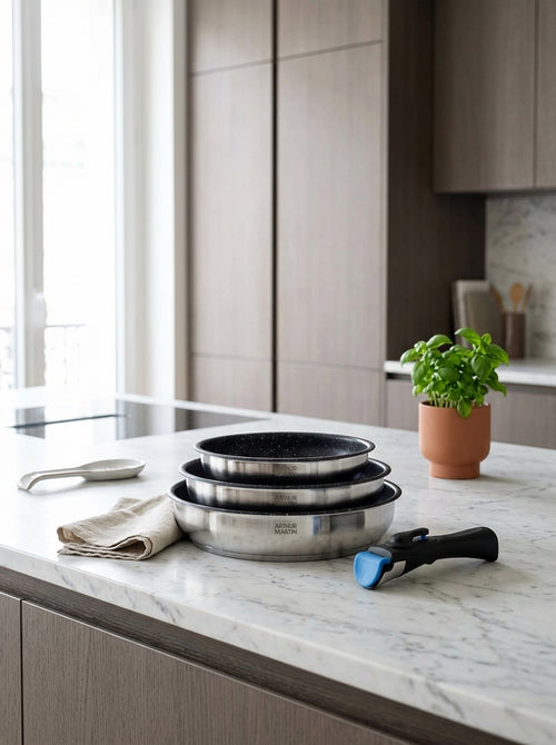 Set 3 Poêles 20/24/26cm - Intérieur Anti-Adhésif - Acier Inoxydable - Inox