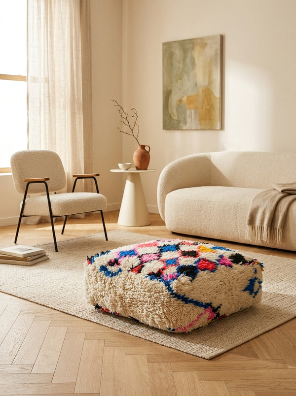 Pouf berbero marocchino écru con motivi colorati