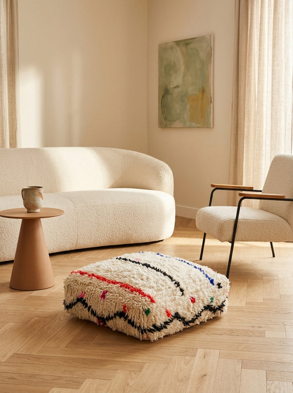 Pouf berbero marocchino écru con motivi colorati