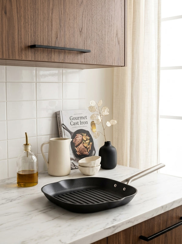 Poêle Grill En Fonte Structure Nid D'Abeille Avec Poignée En Inox - Noir - 28cm