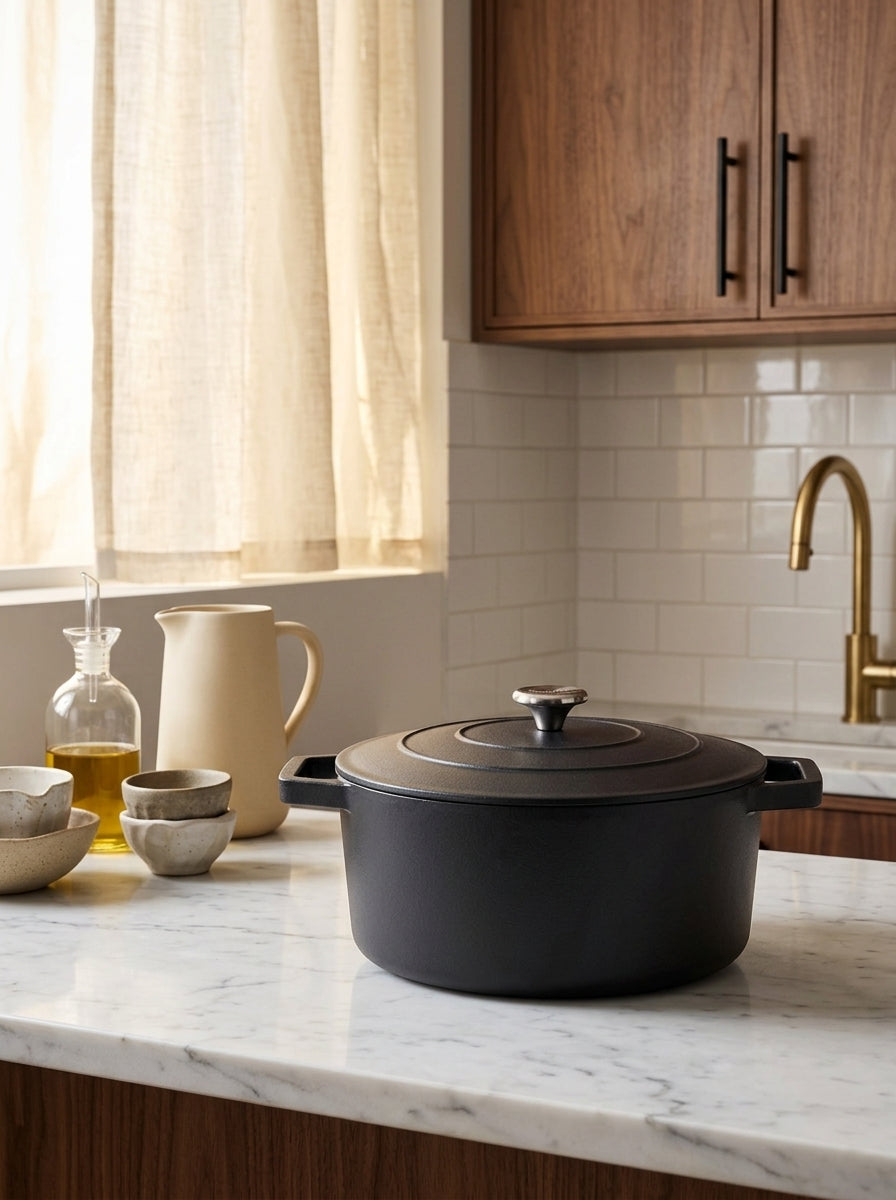 Round Cast-Iron Casserole Dish - Matt Black - 25cm