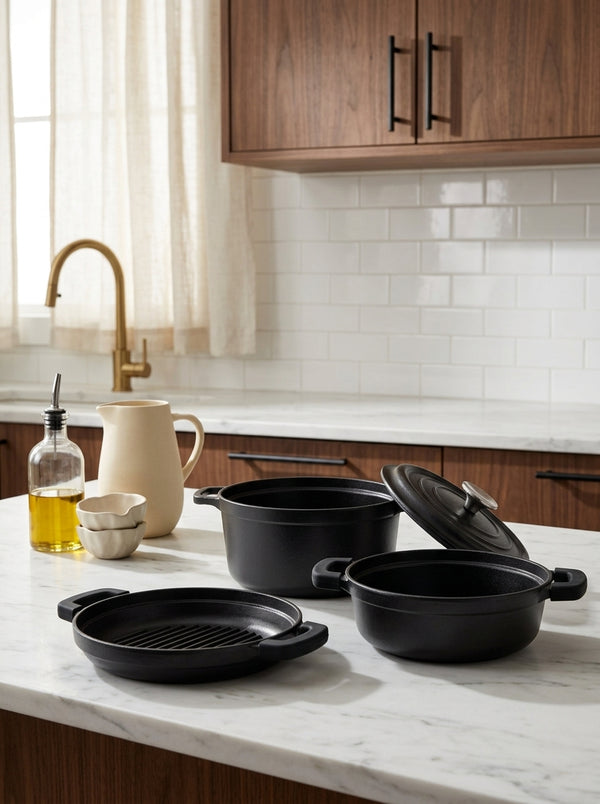 4-Piece Stackable Cast Iron Cookware Set (Casserole + Sauté Pan + Grill Pan) + 4 Silicone Protectors - Black