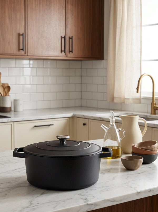 Round Cast Iron Casserole Dish - Black - 28cm