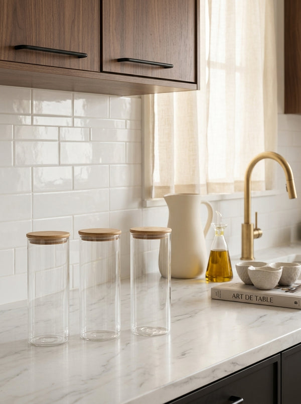 Set De 3 Bocaux En Verre Ronds Avec Couvercles En Bambou - Transparent