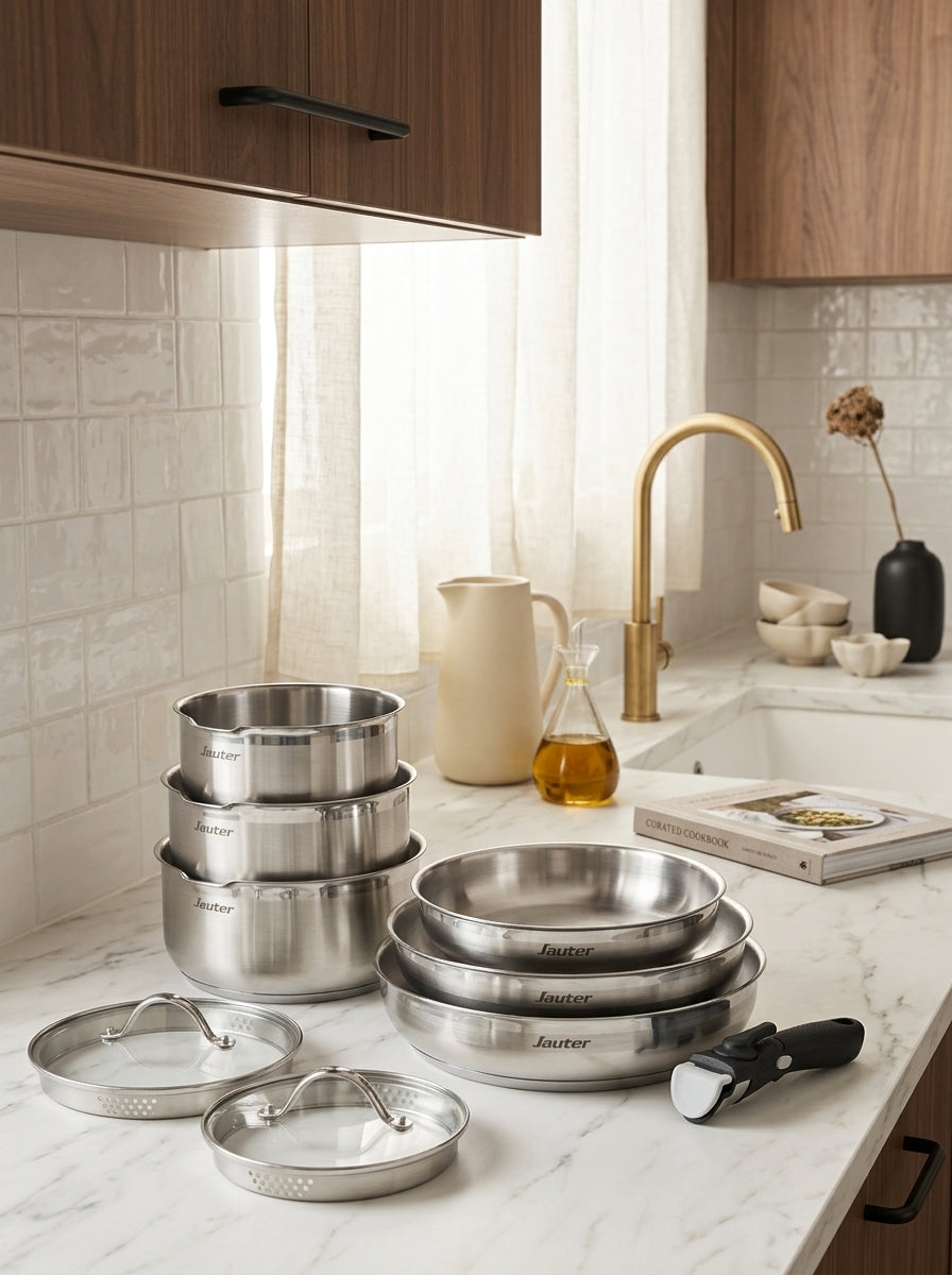 Set De 3 Cacerolas De Inox + 3 Sartenes + 1 Mango Extraíble + 3 Tapas Coladores Con Mango De Inox - Plateado