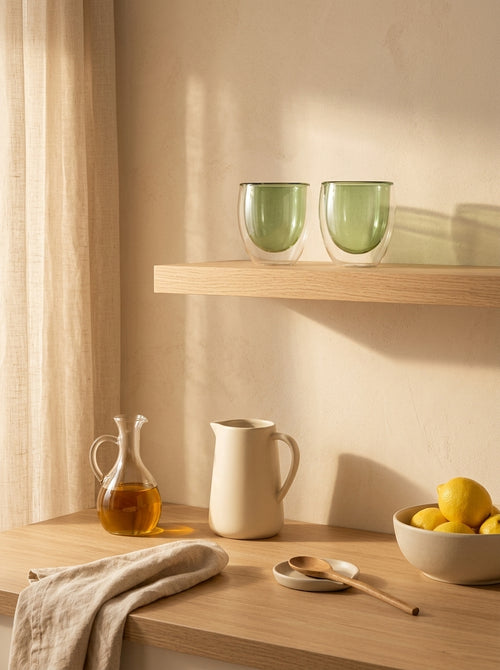 Monterey - Juego de 2 vasos pequeños de doble pared - Verde - Vidrio de borosilicato - 100 ml
