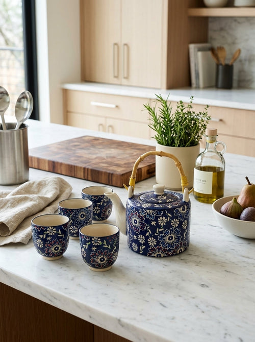 Pechino - Tetera Con Mango De Bambú Y 4 Tazas; Decoración Azul - Cerámica