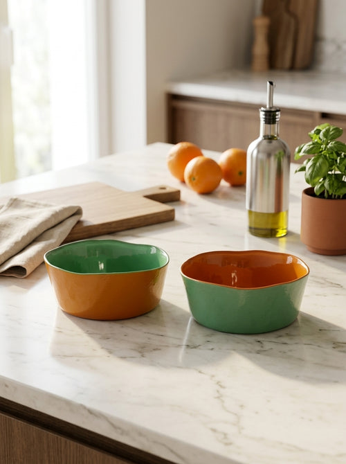 Balat - Set Of 2 Bowls - Green And Orange - Borosilicate Glass - 300ml