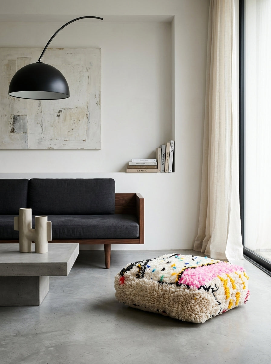 Ecru Moroccan Berber Pouffe with Colourful Patterns