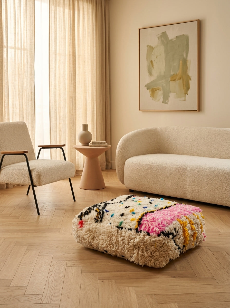 Ecru Moroccan Berber Pouffe with Colourful Patterns
