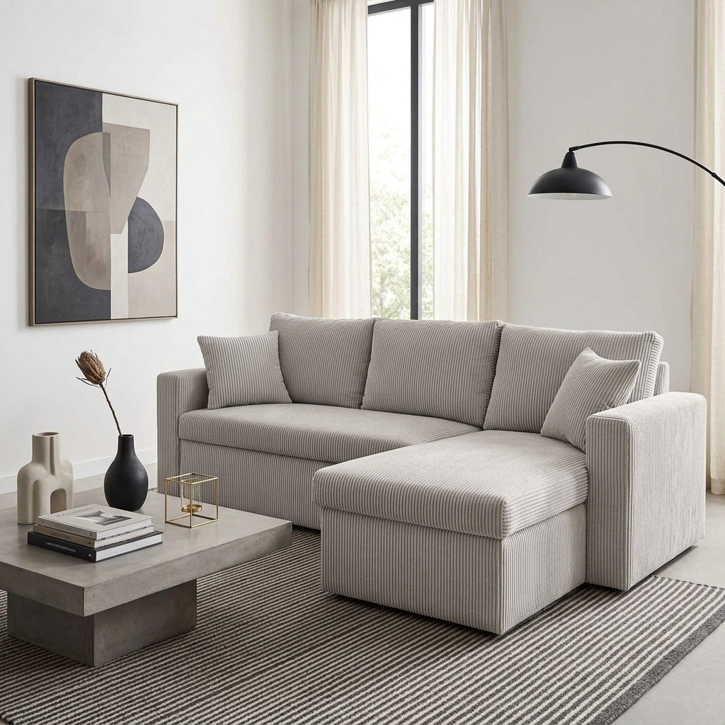 Cyrus - Reversible Convertible Corner Sofa with Storage - 4 Seater - Corduroy - Light Grey