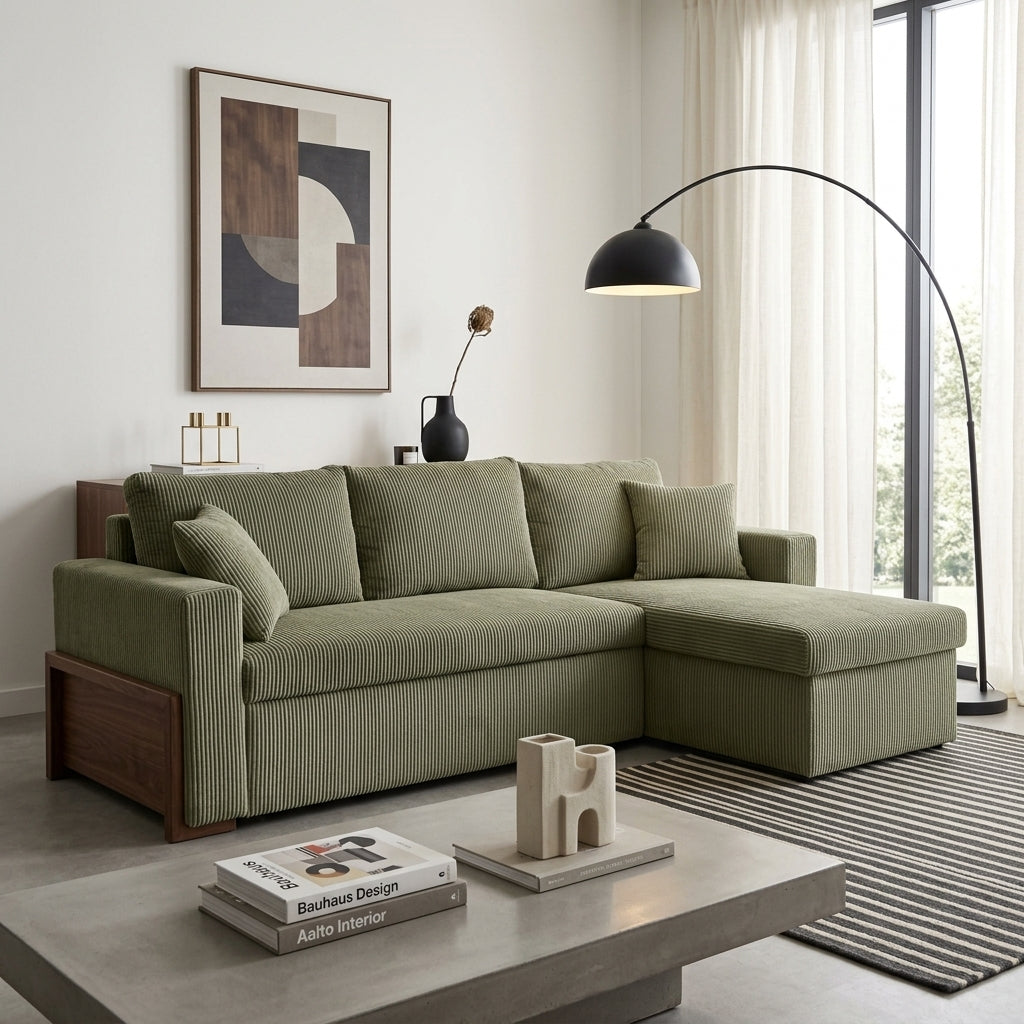 Cyrus - Sofá Rinconera Reversible Cama Con Arcón - 4 Plazas - Pana - Verde