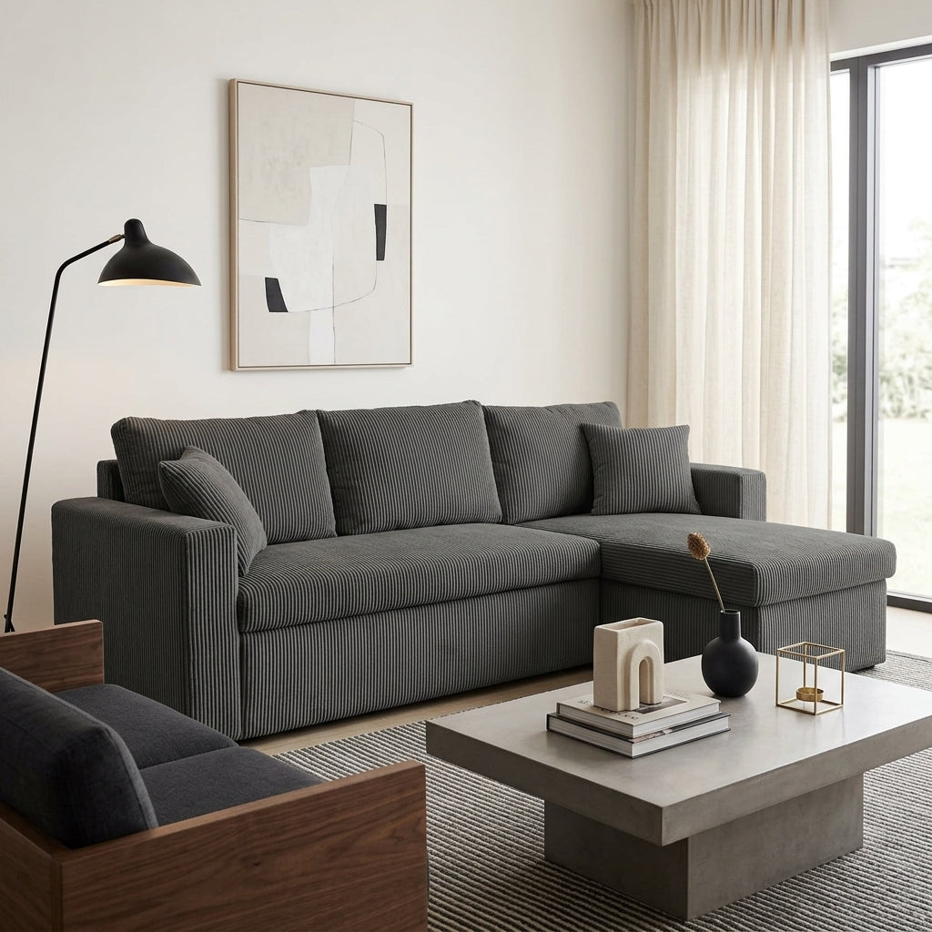 Cyrus - Reversible Convertible Corner Sofa with Storage - 4 Seater - Corduroy - Dark Grey