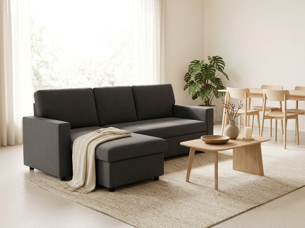 Meiya - Divano Angolare Letto Con Contenitore - Tessuto - Grigio Scuro