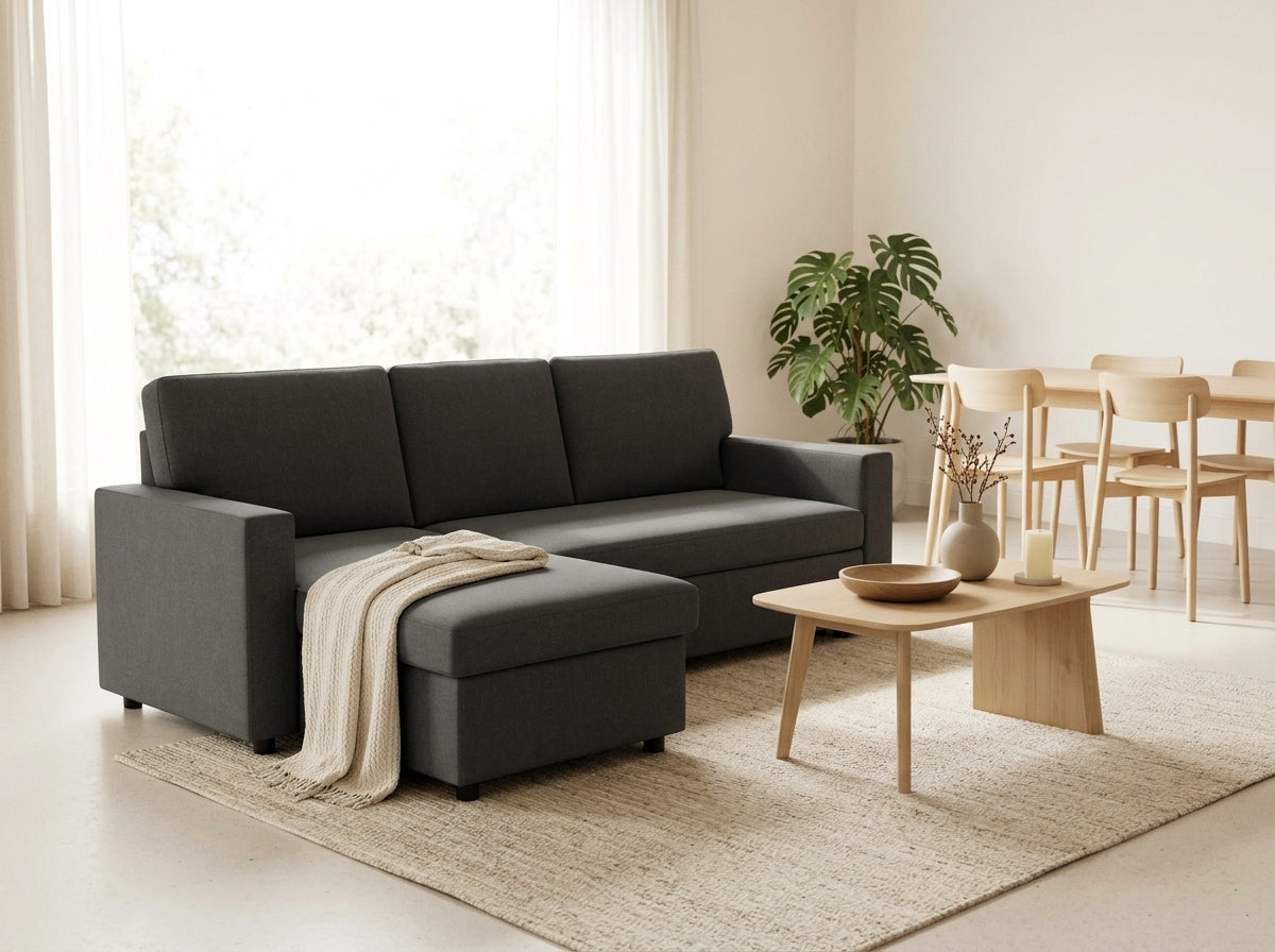 Meiya - Divano Angolare Letto Con Contenitore - Tessuto - Grigio Scuro
