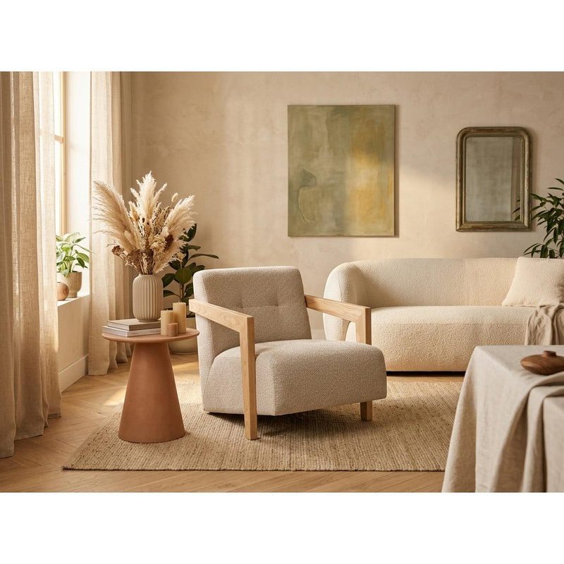Lola - Armchair With Solid Oak Armrests - Textured Fabric - Beige