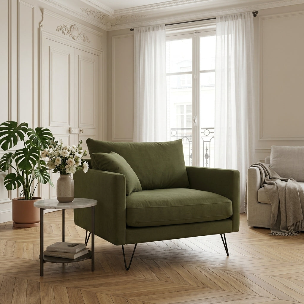 Villabon - XL Armchair - Velvet - Black Hairpin Legs - Olive Green