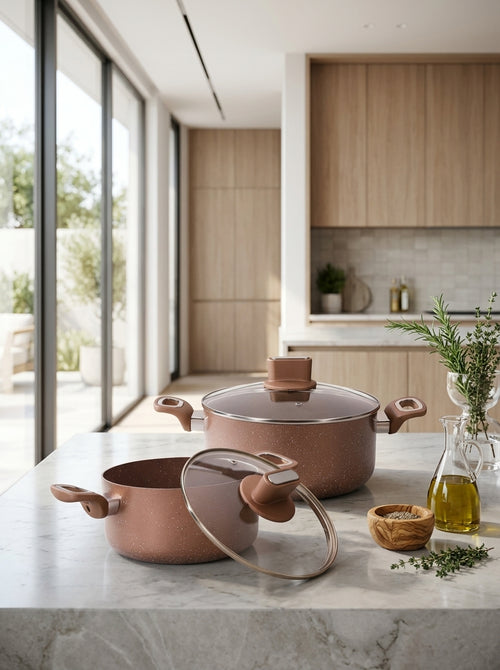 Set 2 Marmites 20/24cm Avec Couvercles - Aluminium - Anti Adhésif - Terracotta