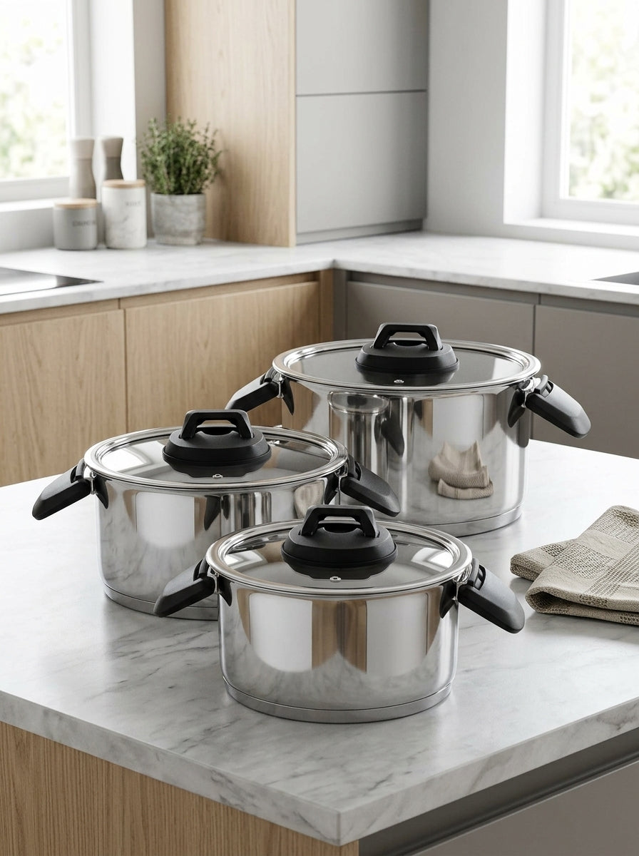 Juego de 3 Ollas 2/4/6L - Asas Abatibles - Acero Inoxidable - Inox