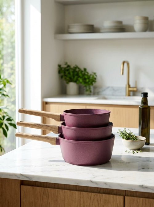 Set 3 Casseroles 16/18/20cm - Aluminium Forgé - Revêtement Céramique - Prune