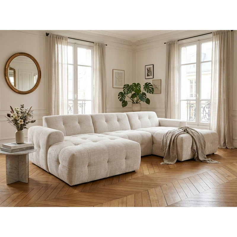 Diane - Sofá panorámico en forma de U - 6 plazas - Terciopelo texturizado - Beige