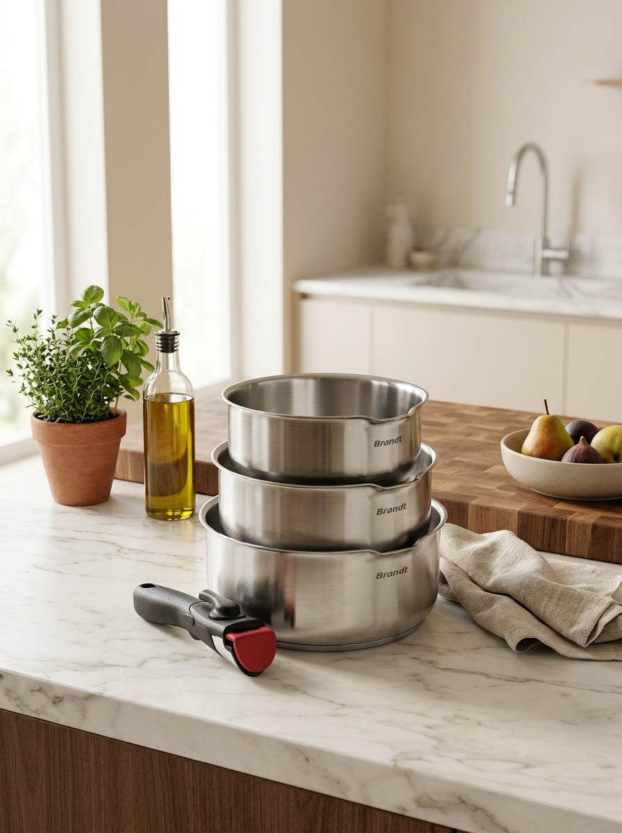 Set De 3 Casseroles Amo En Inox Avec Poignée Amovible - Argenté
