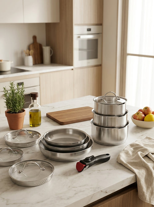 Set De 3 Casseroles En Inox + 3 Poêles + 1 Poignée Amovible + 3 Couvercles Passoires Avec Manche En Inox - Argenté / Noir / Rouge