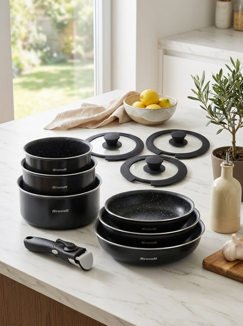 Set De 3 Poêles En Aluminium 20 + 24 + 28 Cm Avec Poignée Amovible + Set De 3 Casseroles En Aluminium 16 + 18 + 20 Cm + 3 Couvercle En Verre Avec Bouton En Silicone 16 + 18 + 20 Cm - Noir / Transparant / Noir