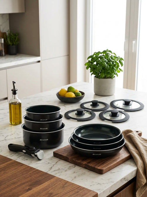 Set De 3 Poêles + 3 Casseroles + 3 Couvercles + 1 Poignée Amovible - Noir - Diamant Perlé