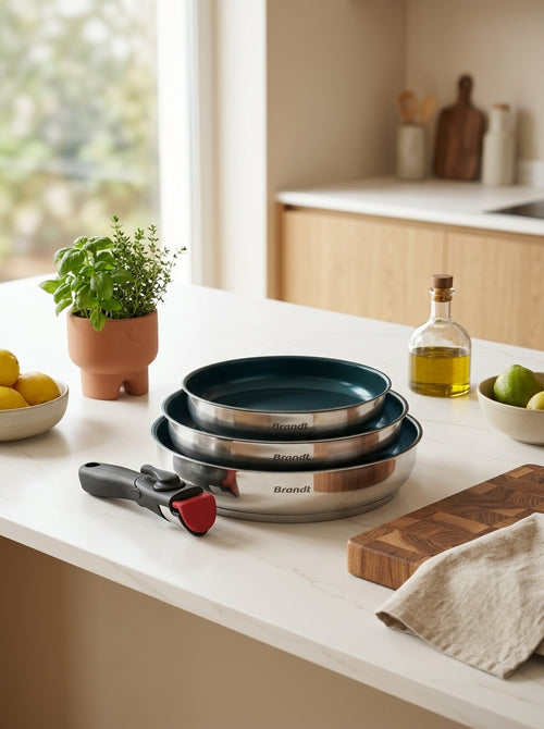 Set De 3 Poêles Amo En Inox Revêtement Anti-Adhérent Avec Poignée Amovible - Argenté
