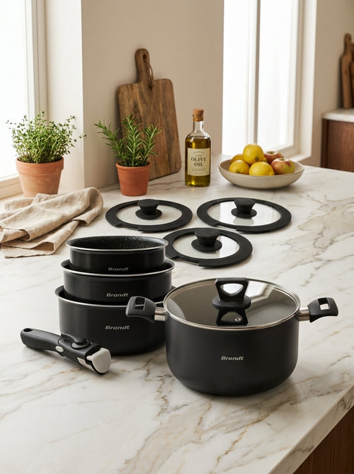 Set De 3 Casseroles Avec Poignée Amovible + Marmite + 4 Couvercles - Noir