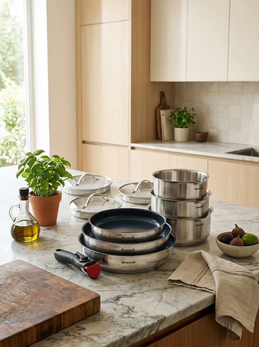 Set De 3 Casseroles En Inox + 3 Poêles Avec Revêtement Anti-Adhérent + 1 Poignée Amovible + 3 Couvercles Passoires Avec Manche En Inox - Argenté / Noir / Rouge