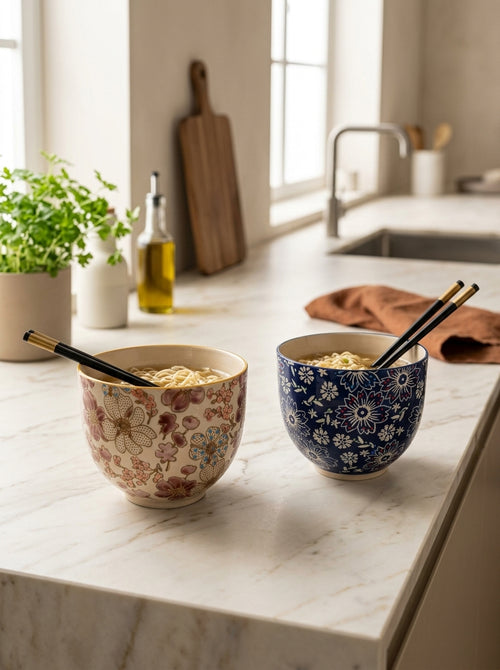 Pechino - Set of 2 Ramen Bowls, 2 Sets of Chopsticks - Ceramic - 800ml