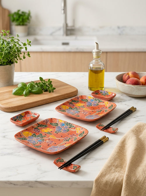 Pechino - Set Of 2 Plates, 2 Bowls And 2 Sets Of Chopsticks - Orange - Ceramic