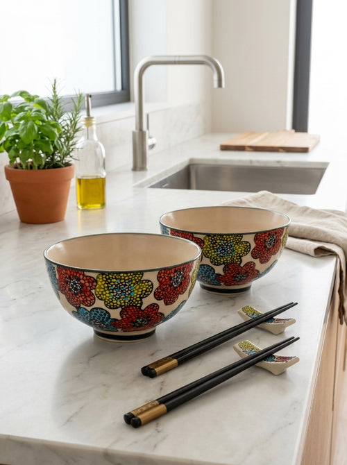 Pechino - Set Of 2 Decorated Bowls - Light Blue - Ceramic - 300ml