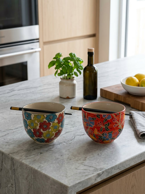 Pechino - Set of 2 Ramen Bowls, 2 Sets of Chopsticks - Ceramic - 800ml