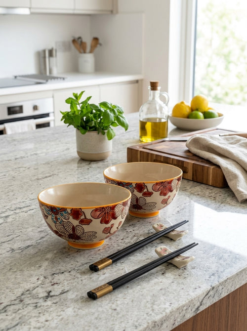 Pechino - Set Of 2 Decorated Bowls - Red - Ceramic - 300ml