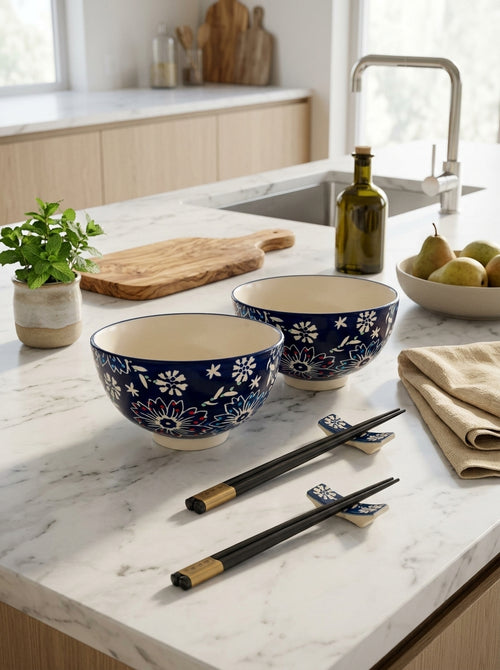 Pechino - Set Of 2 Decorated Bowls - Blue - Ceramic - 300ml