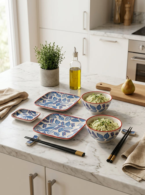 Pechino - Set Of 2 Plates, 2 Bowls And 2 Sets Of Chopsticks - Blue - Ceramic