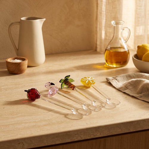 Monterey - Set of 4 Coffee Spoons with Palm, Orange, Flamingo and Strawberry Decoration - Borosilicate Glass